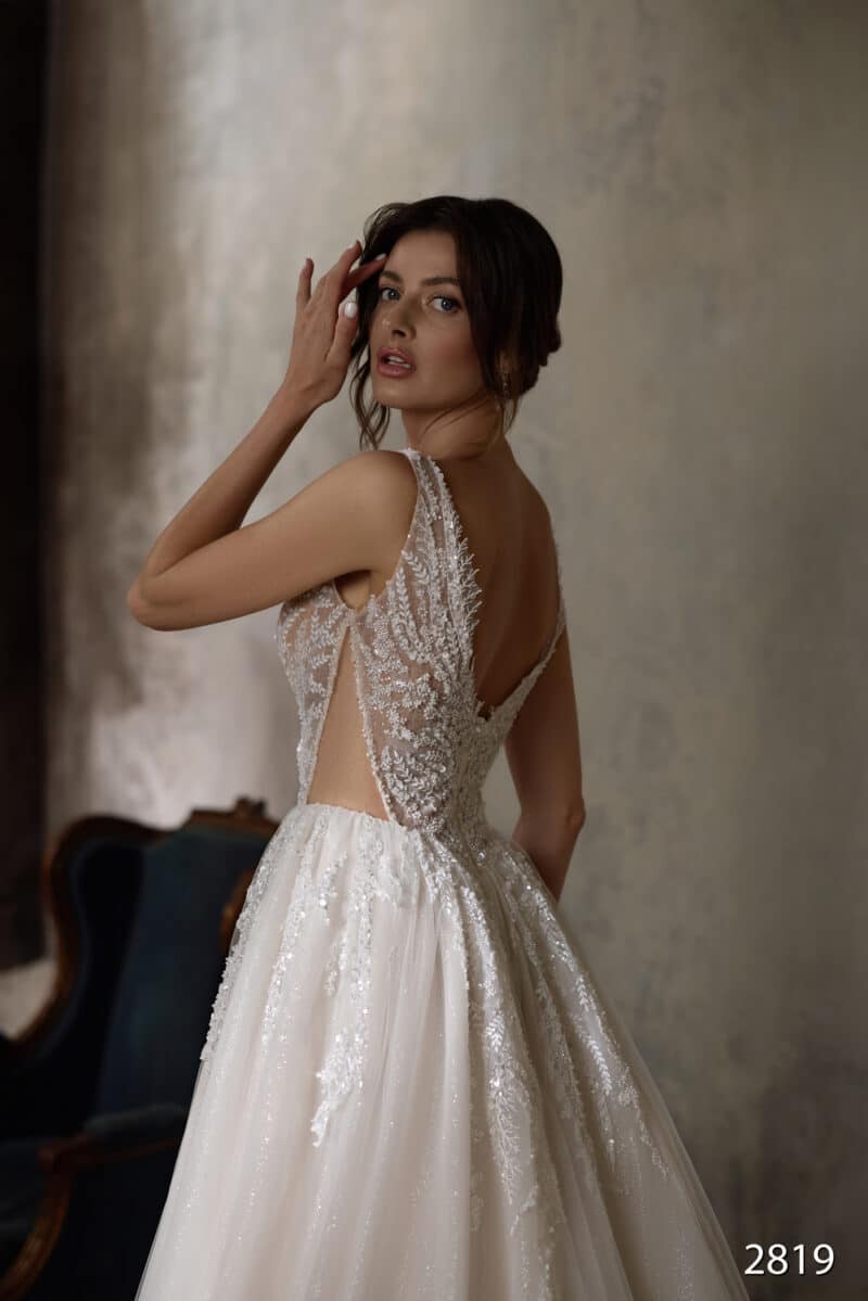 Deep V Neckline Sparkling A-Line Wedding Dress - LESLEY - Image 4