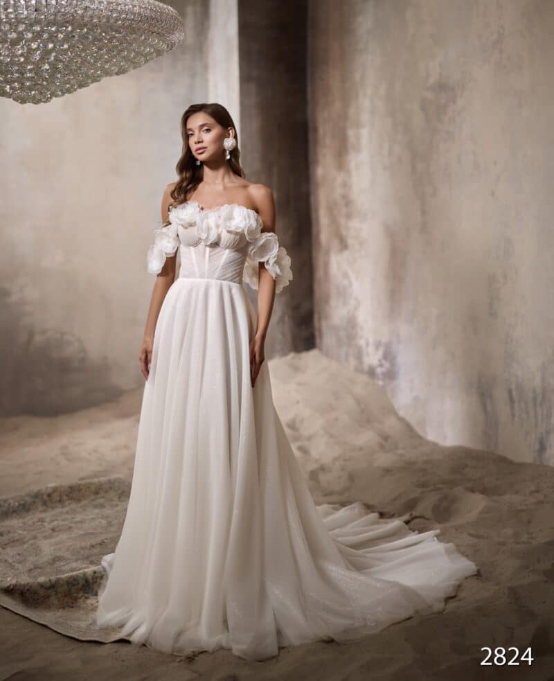 Off-the-shoulder Sparkling Flower A- line Wedding Dress - CARLA