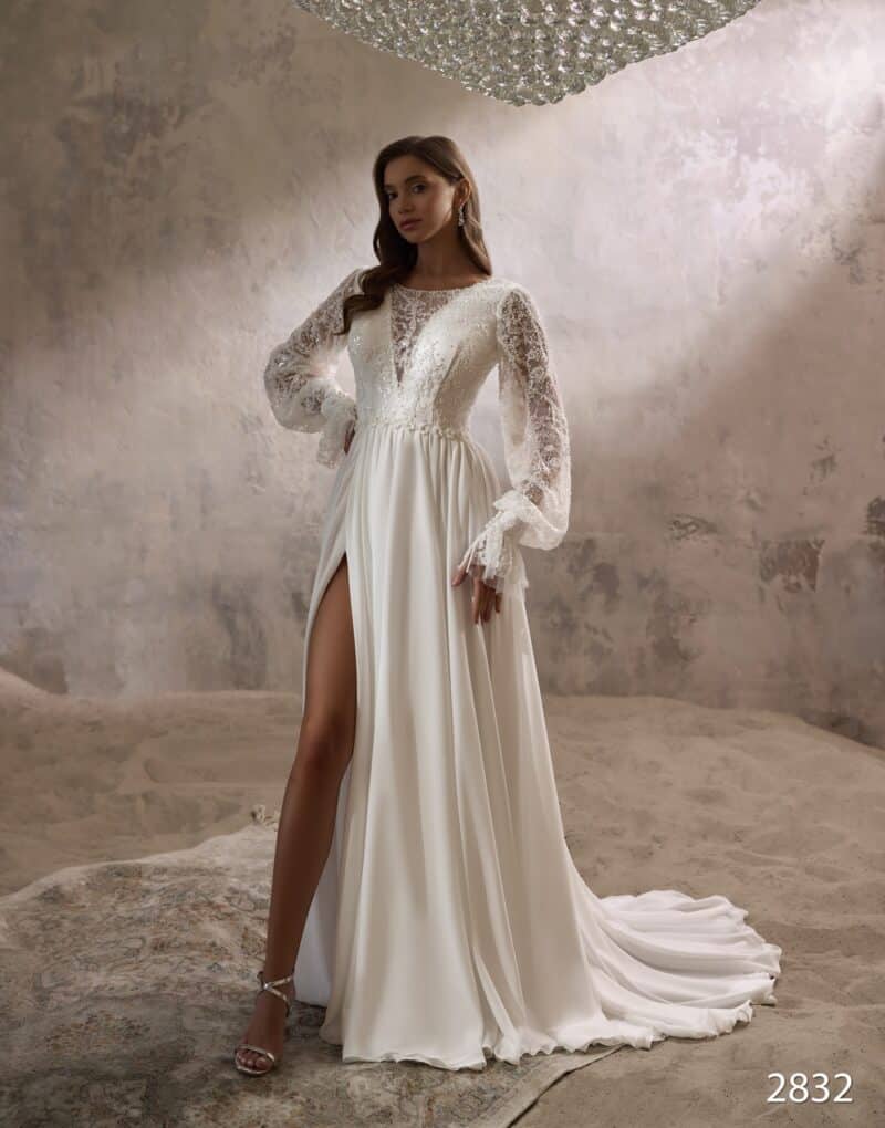 Long Sleeves Slit Sexy Boho A-Line Wedding Dress - LISSERO