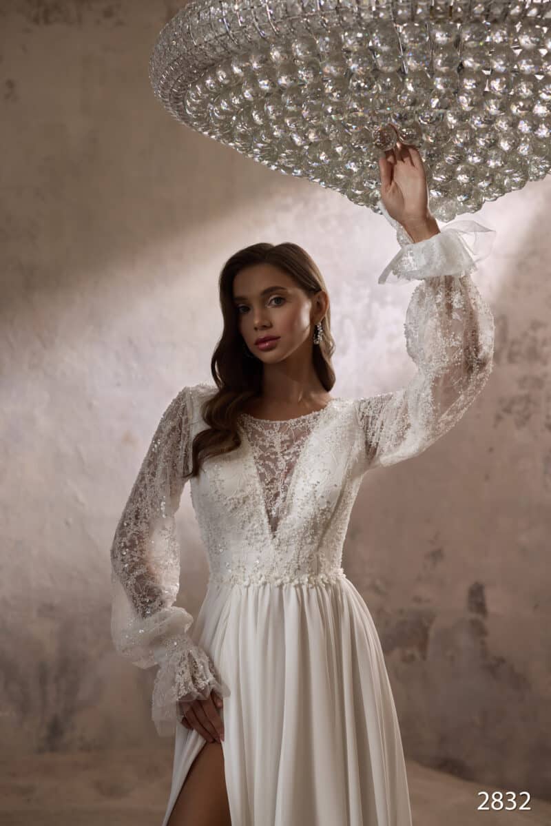 Long Sleeves Slit Sexy Boho A-Line Wedding Dress - LISSERO - Image 3