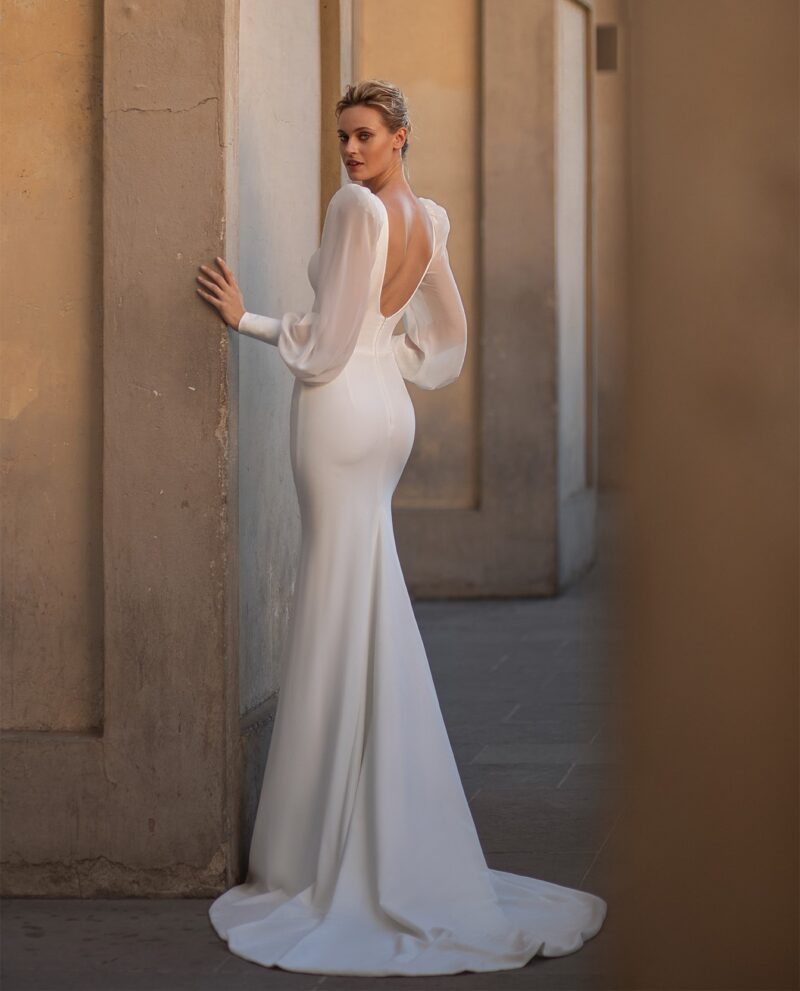 Long Puff Sleeves Deep V Neck Mermaid Wedding Dress - RENIE - Image 4