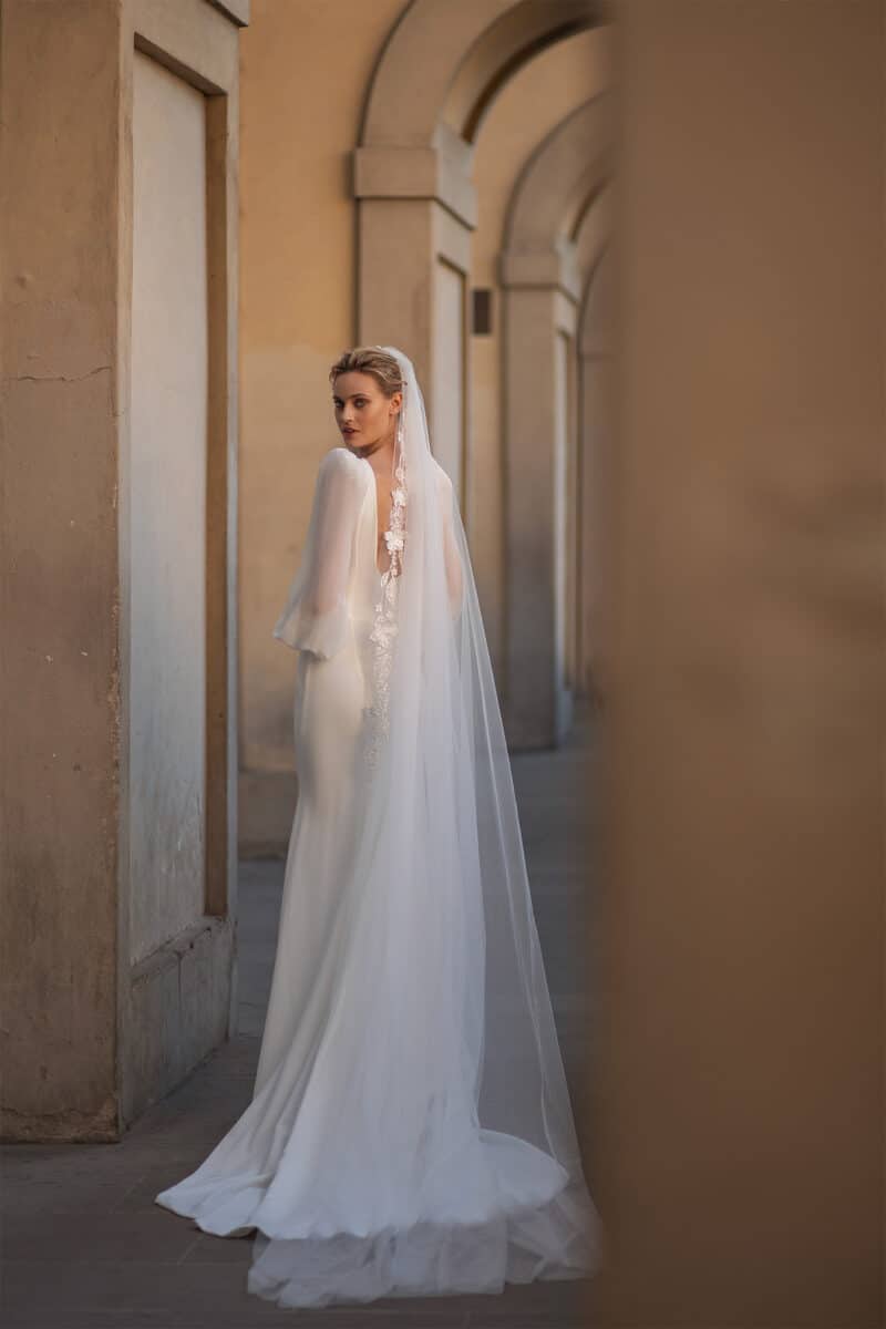 Long Puff Sleeves Deep V Neck Mermaid Wedding Dress - RENIE - Image 3