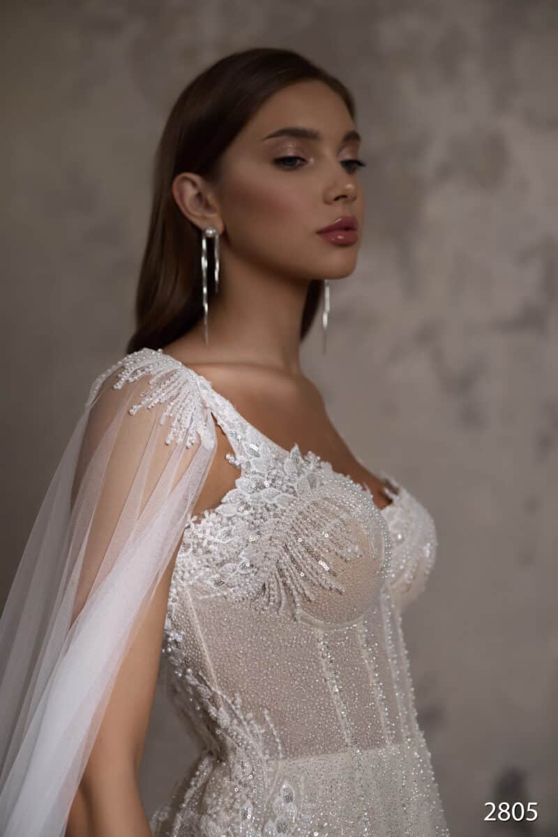 Luxurious A-line Wedding Dress With Cape On Shoulders - SANDRA - Image 6