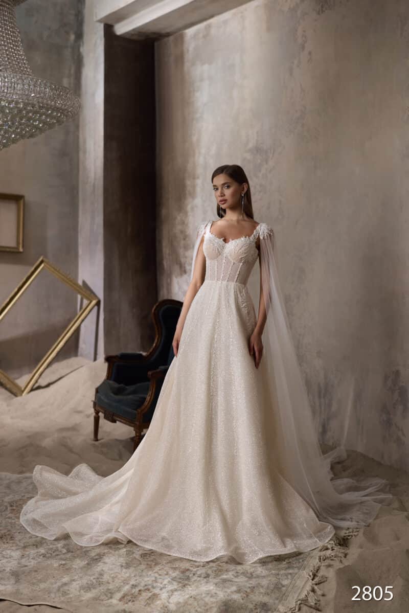 Luxurious A-line Wedding Dress With Cape On Shoulders - SANDRA