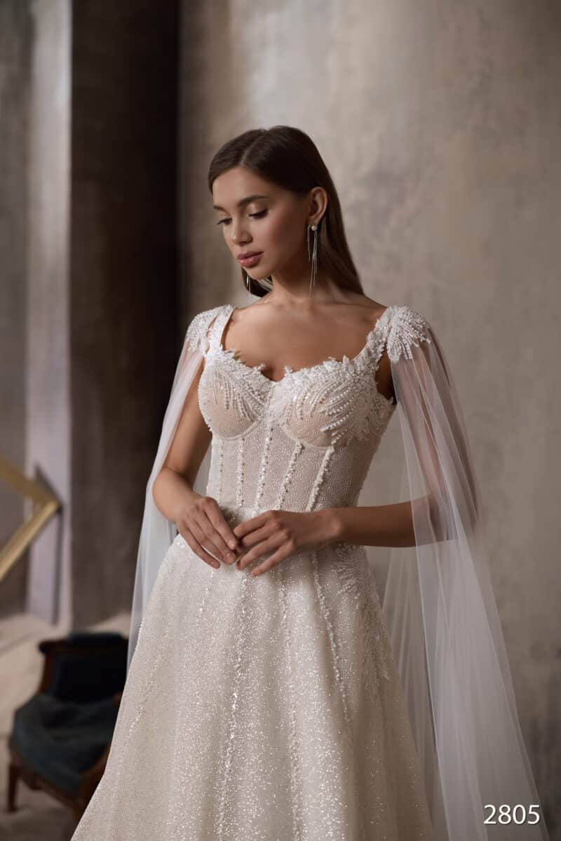 Luxurious A-line Wedding Dress With Cape On Shoulders - SANDRA - Image 5