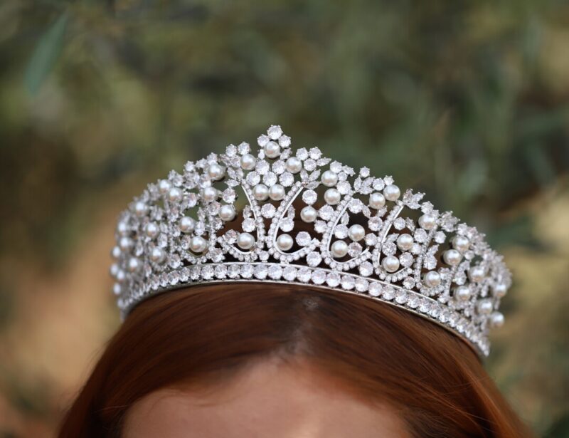 Cubic Zirconia Pearl Silver Royal Bridal Tiara - ELEONOR