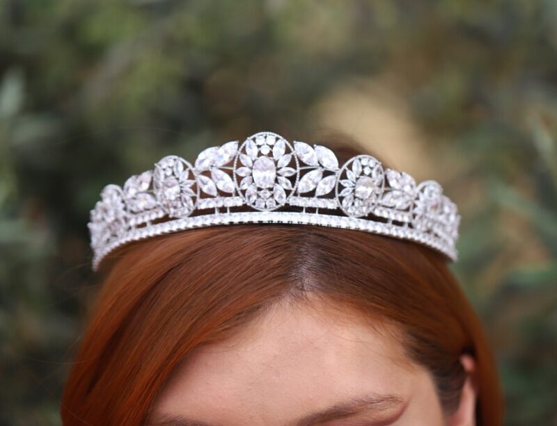 Art Deco Cubic Zirconia Silver Flower Bridal Tiara - JESSICA