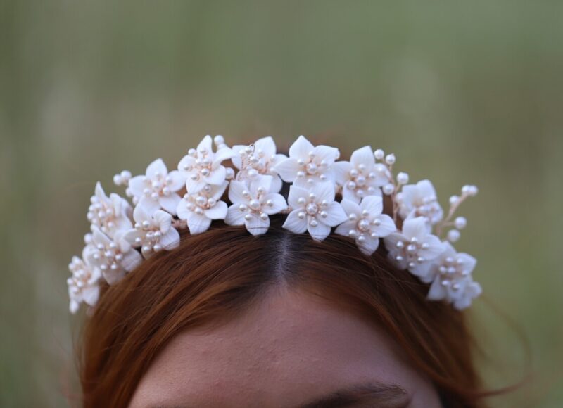 Delicate Porcelain Flower Gold Bridal Tiara - GIULIA