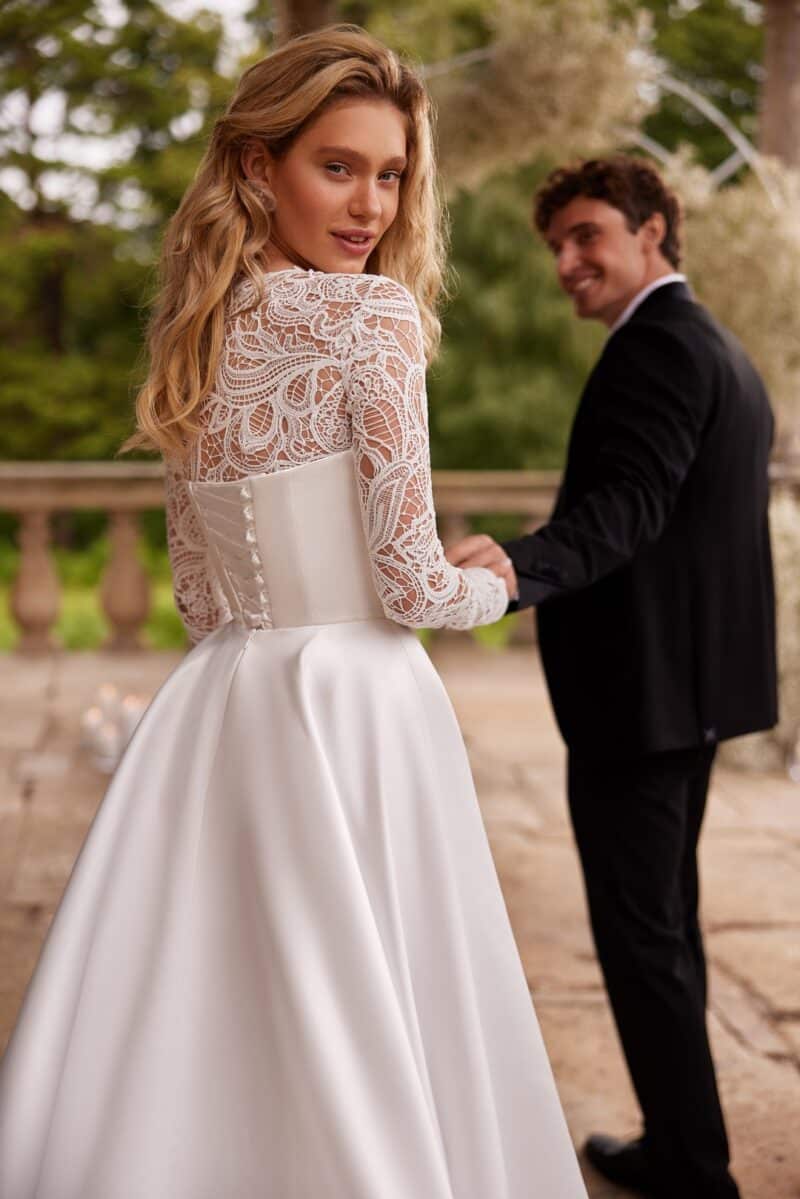 Satin Boho Wedding Dress With Long Sleeves Bodysuit - SOKOTRA - Image 5