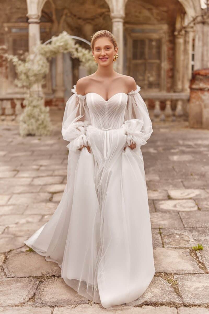 Detachable Long Sleeves A-Line Wedding Dress - VESTA - Image 11