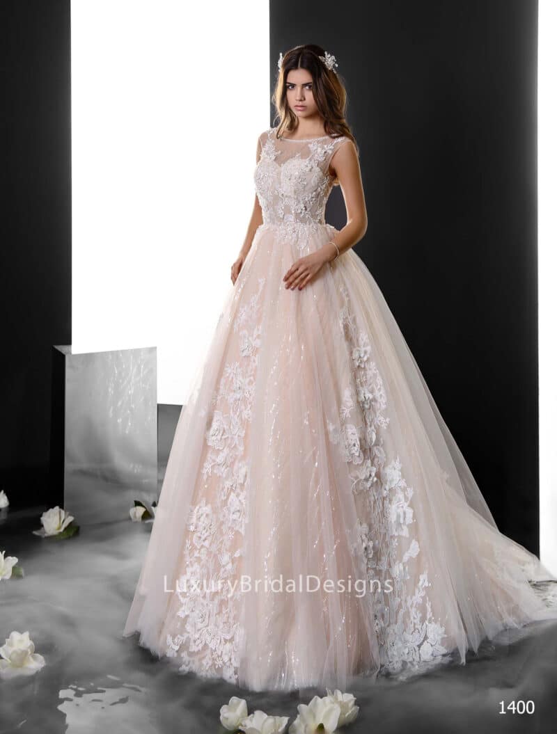 Floral Lace Nude A-Line Wedding Dress With Train - NIKOLETTA