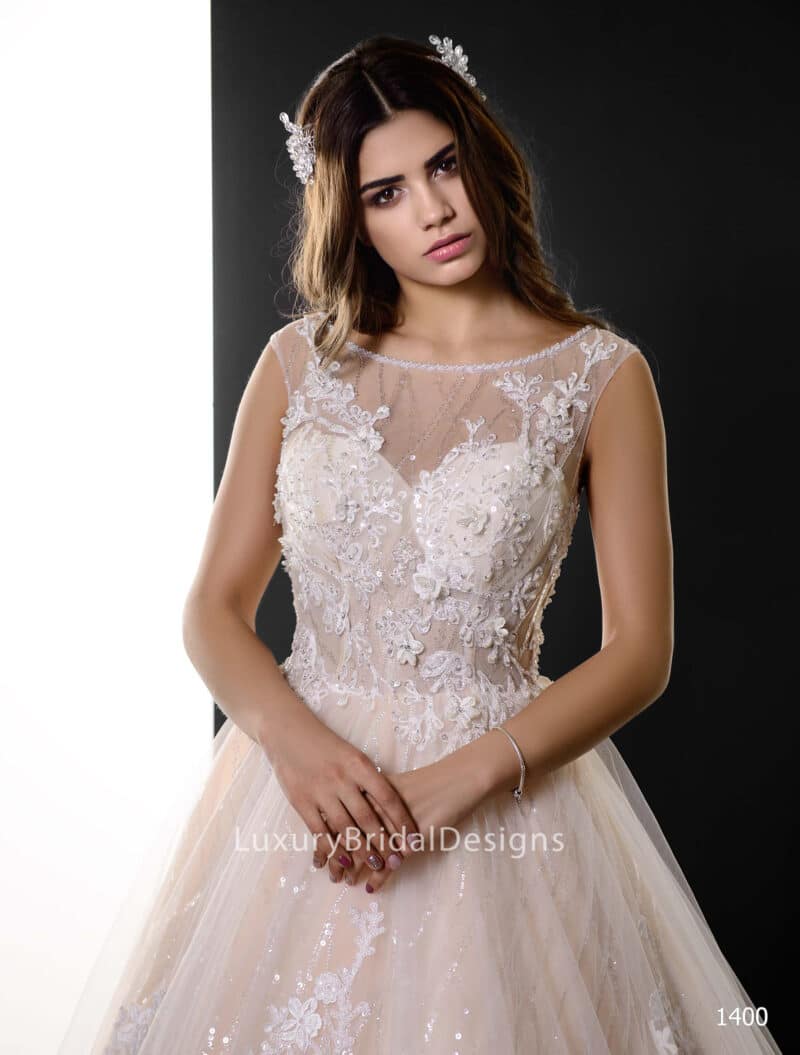 Floral Lace Nude A-Line Wedding Dress With Train - NIKOLETTA - Image 2