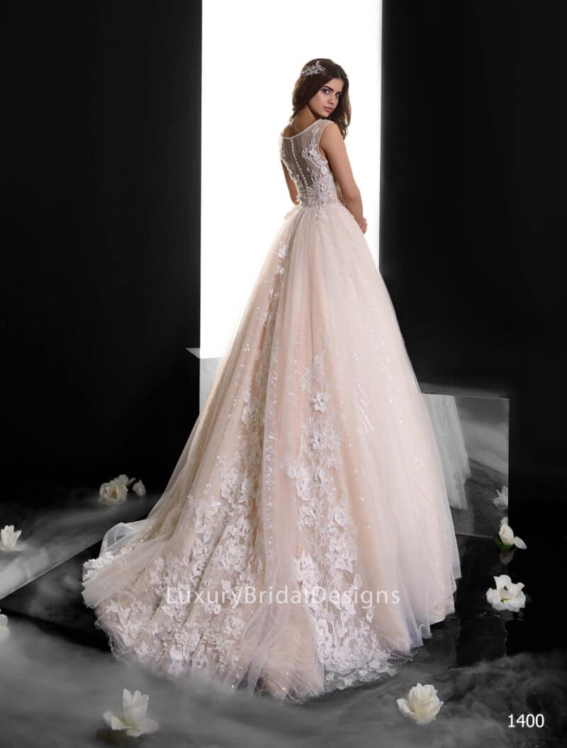 Floral Lace Nude A-Line Wedding Dress With Train - NIKOLETTA - Image 3