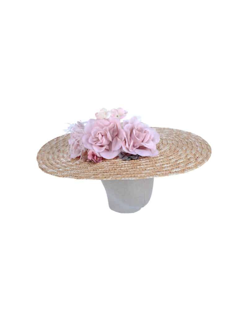 Pink Nude Flower Wedding Straw Hat for Guests - ERSA