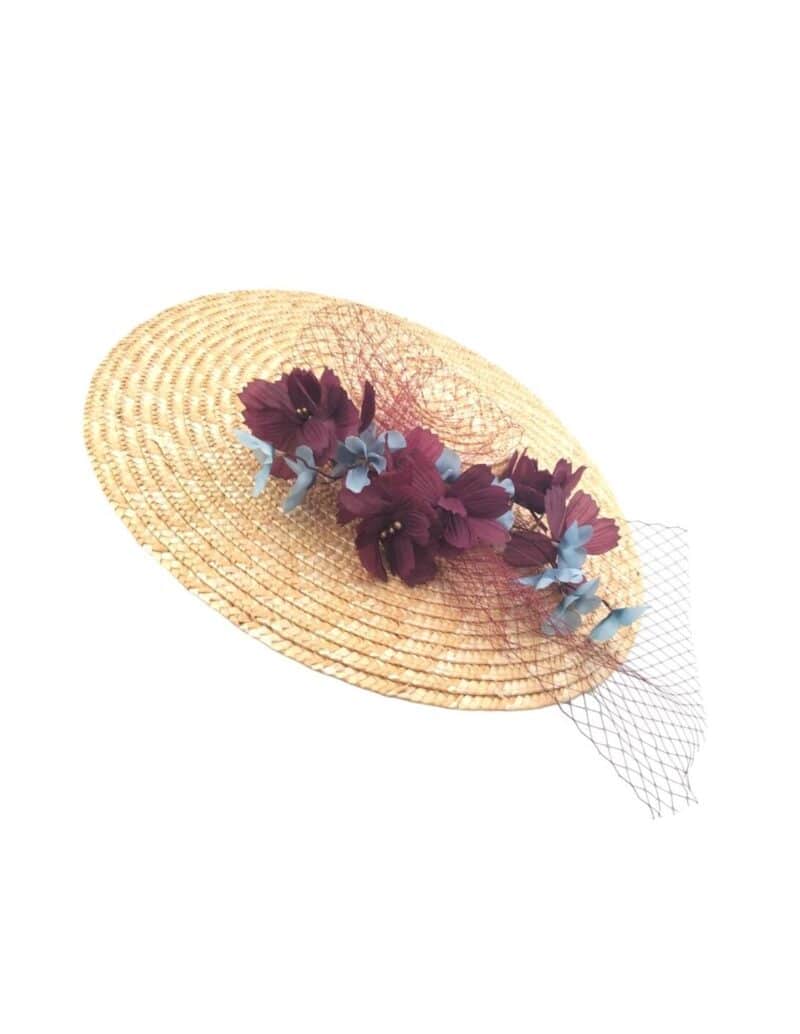 Burgundy / Light Blue Flower Wedding Straw Hat - LILIANA - Image 2