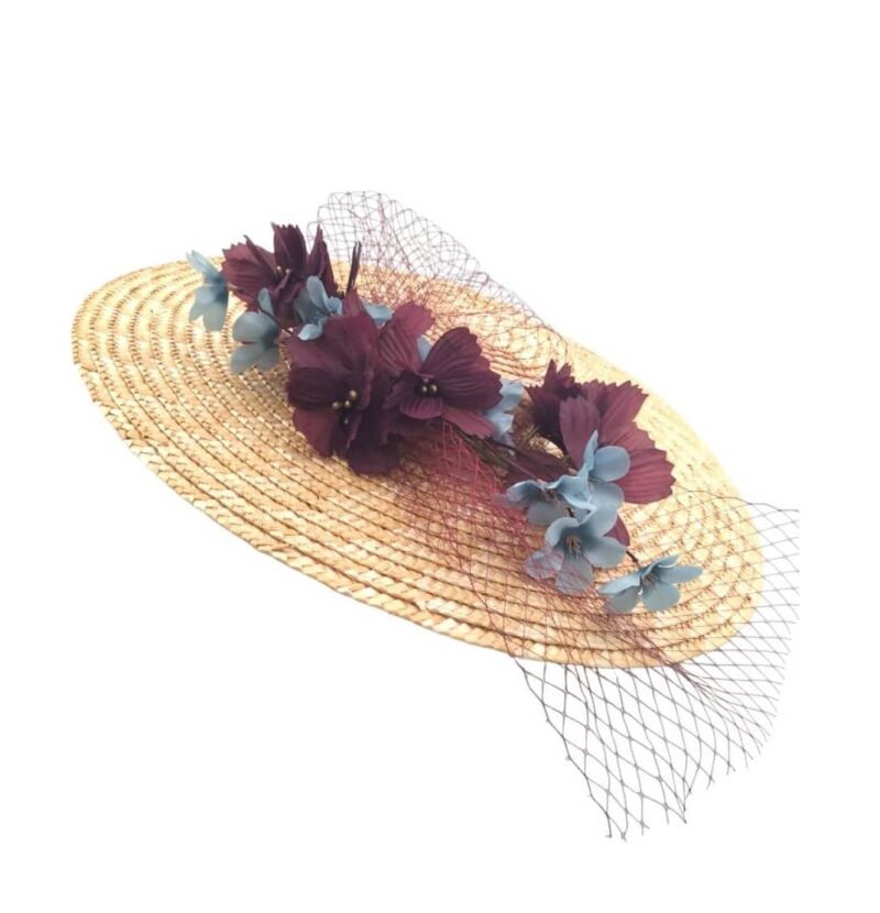 Burgundy / Light Blue Flower Wedding Straw Hat - LILIANA