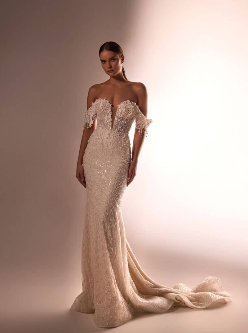 Two Piece , Beaded Nude Mermaid Wedding Dress With Overskirt - ANGELIKA