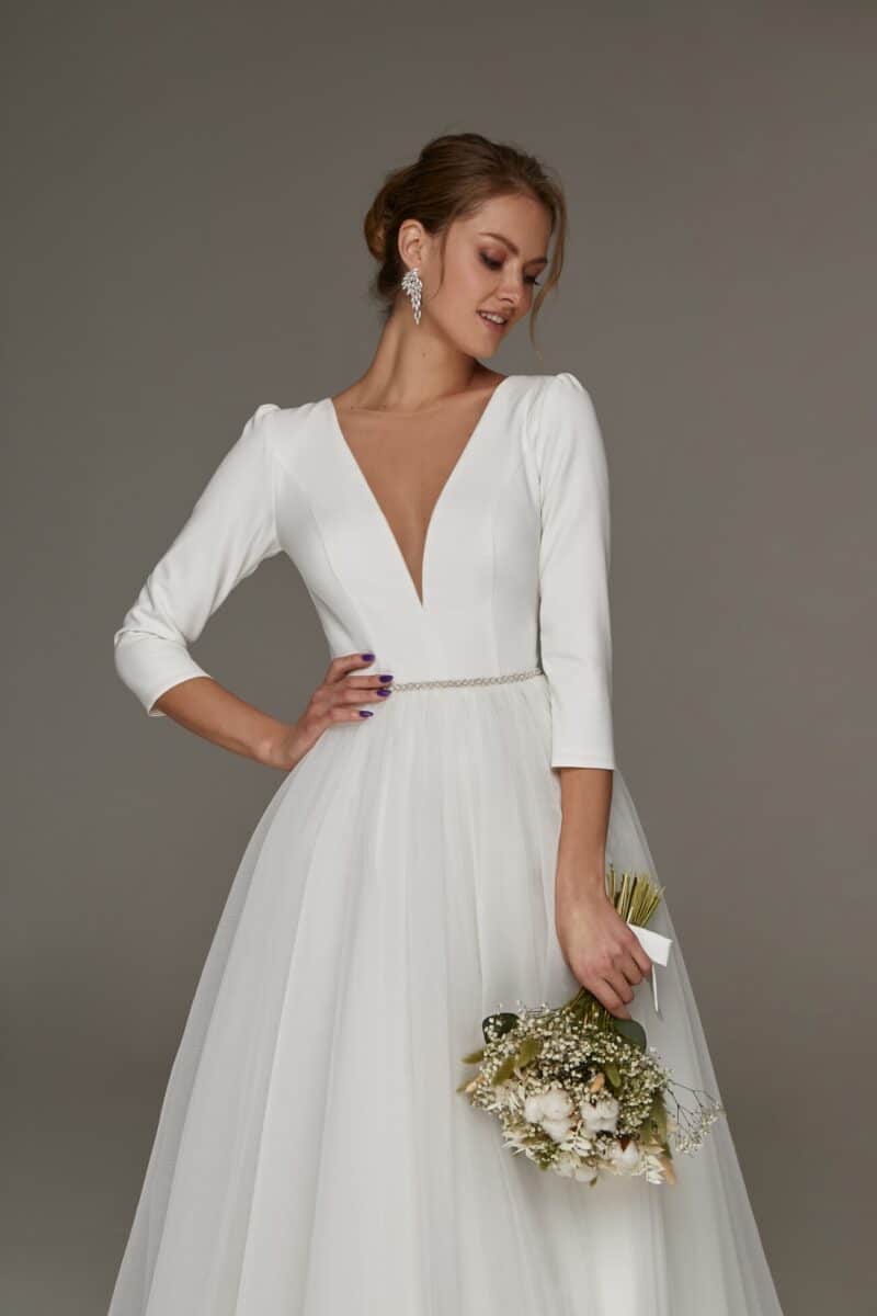 Tea Length Reception Crepe and Tulle Wedding Dress - ELIZABETH - Image 2