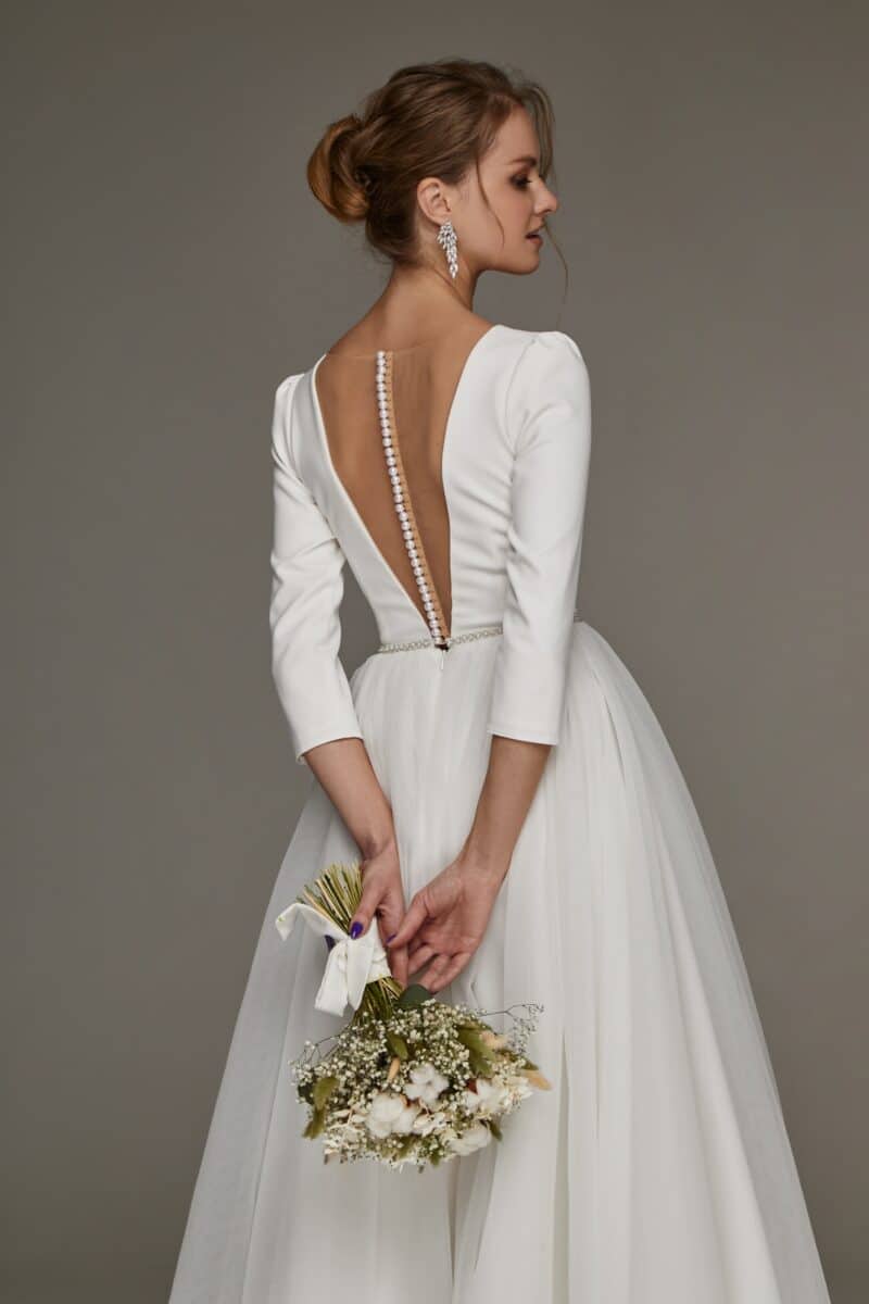 Tea Length Reception Crepe and Tulle Wedding Dress - ELIZABETH - Image 3