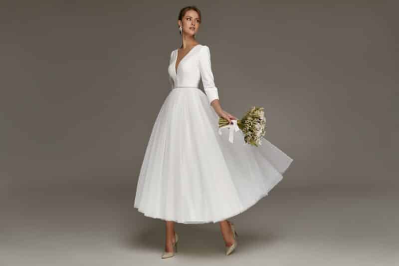 Tea Length Reception Crepe and Tulle Wedding Dress - ELIZABETH - Image 4