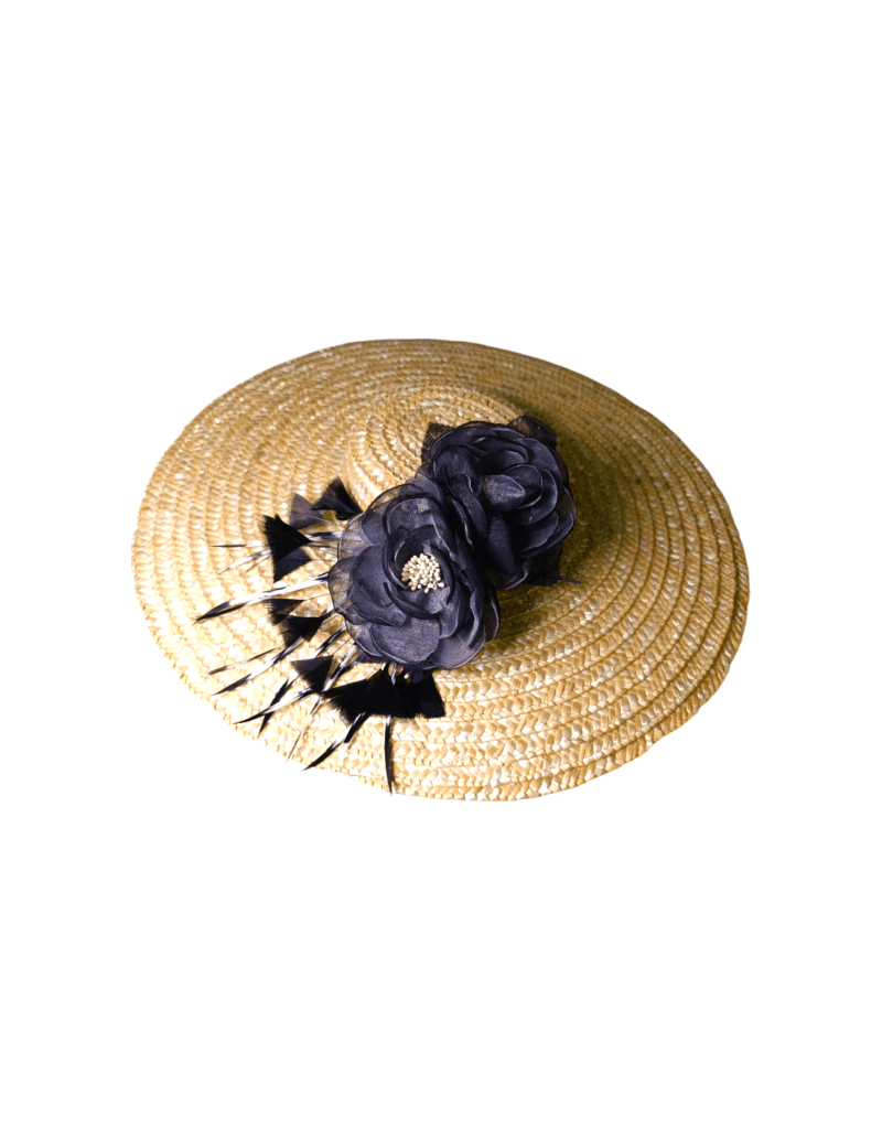 Black Flower Feather Wedding Straw Hat - CAMELIA - Image 2