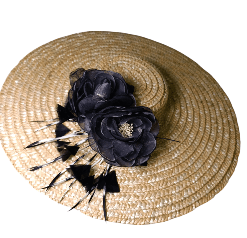 Black Flower Feather Wedding Straw Hat - CAMELIA