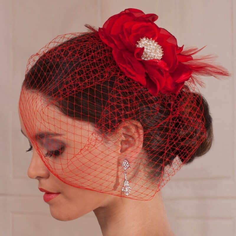 Red Ivory Floral Birdcage Veil - ROMI