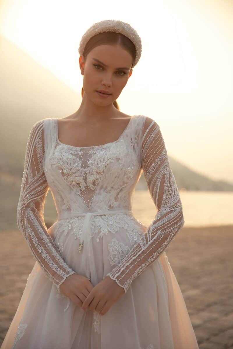 Long Sleeves Nude A-line Wedding Dress With Long Train - SARA - Image 2