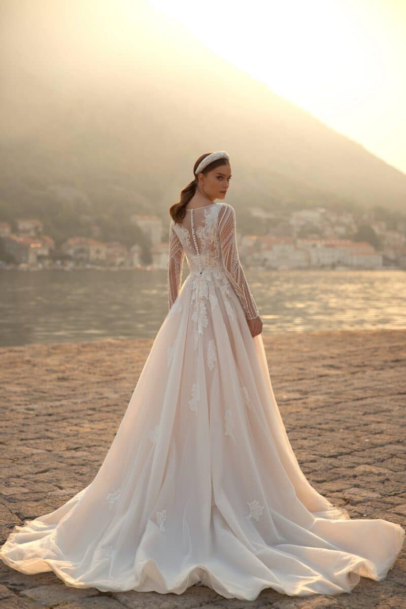 Long Sleeves Nude A-line Wedding Dress With Long Train - SARA - Image 3