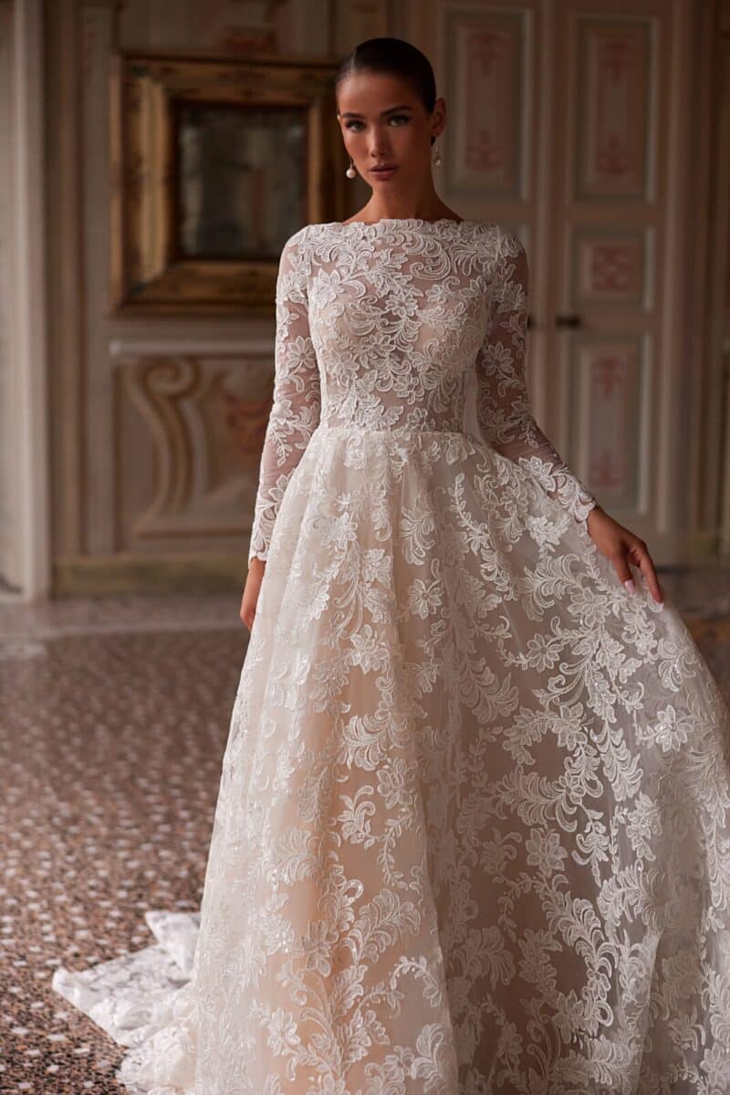 Long Sleeves Vintage Lace Nude A-Line Wedding Dress - VERONIKA - Image 4