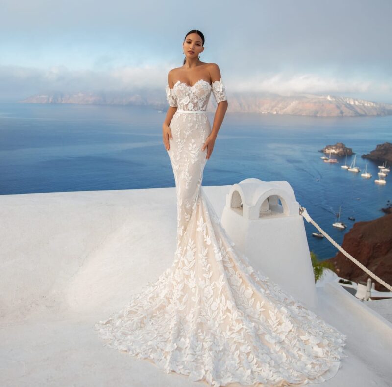 3D Flowers Nude Mermaid Wedding Dress With Long Train - MICHELLE