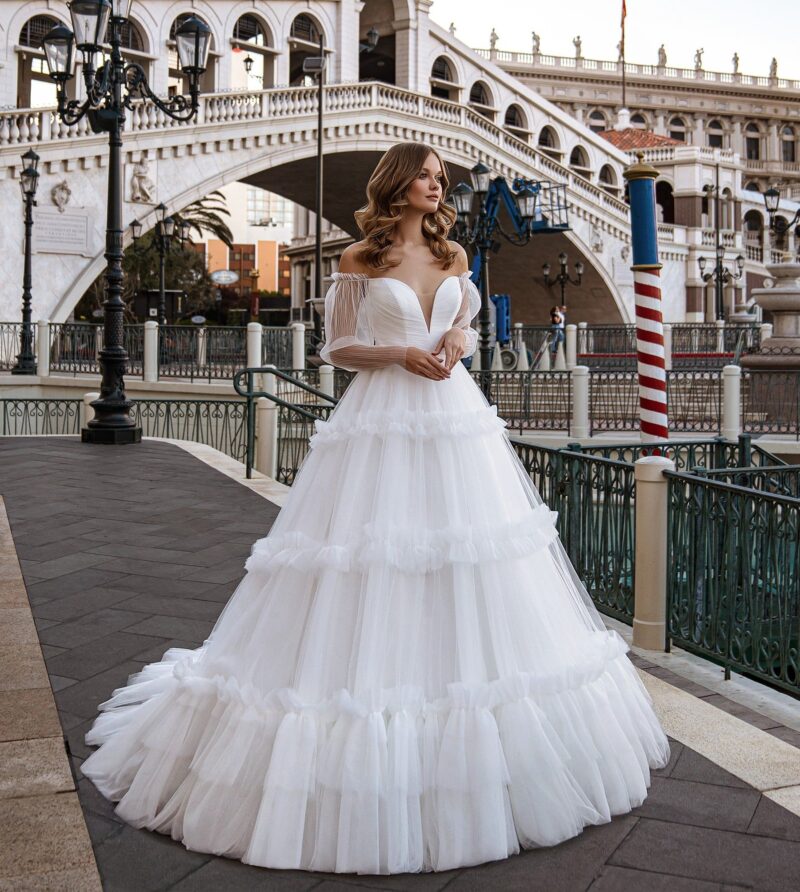 Long Sleeves Off Shoulder Ball Princess Ruffle Wedding Dress - DIANA