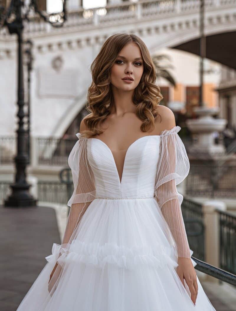 Long Sleeves Off Shoulder Ball Princess Ruffle Wedding Dress - DIANA - Image 2