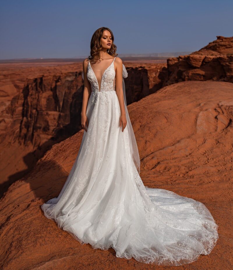 Plunging Neck Spaghetti Straps A-Line Wedding Dress With Shoulder Cape - STELLA