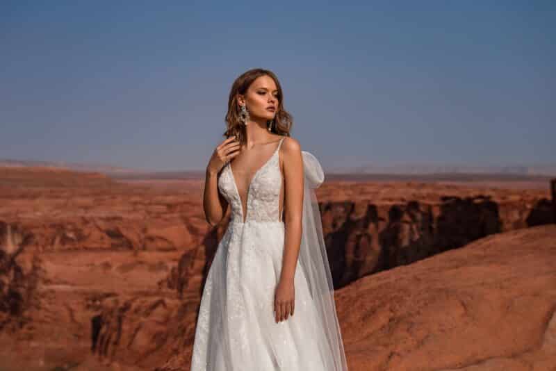 Plunging Neck Spaghetti Straps A-Line Wedding Dress With Shoulder Cape - STELLA - Image 2