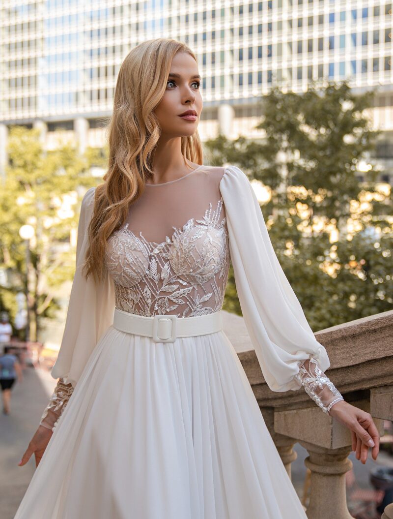 Long Puff Sleeves Chiffon A-line Beach Wedding Dress With Train - EDISON - Image 2