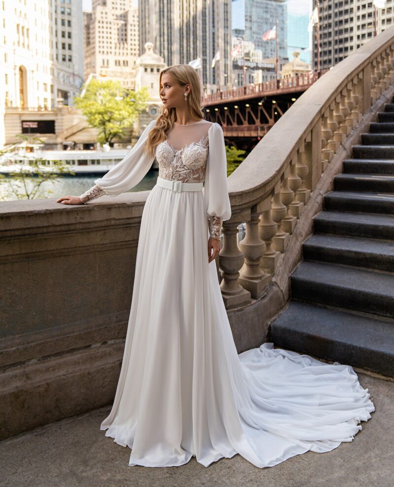 Long Puff Sleeves Chiffon A-line Beach Wedding Dress With Train - EDISON