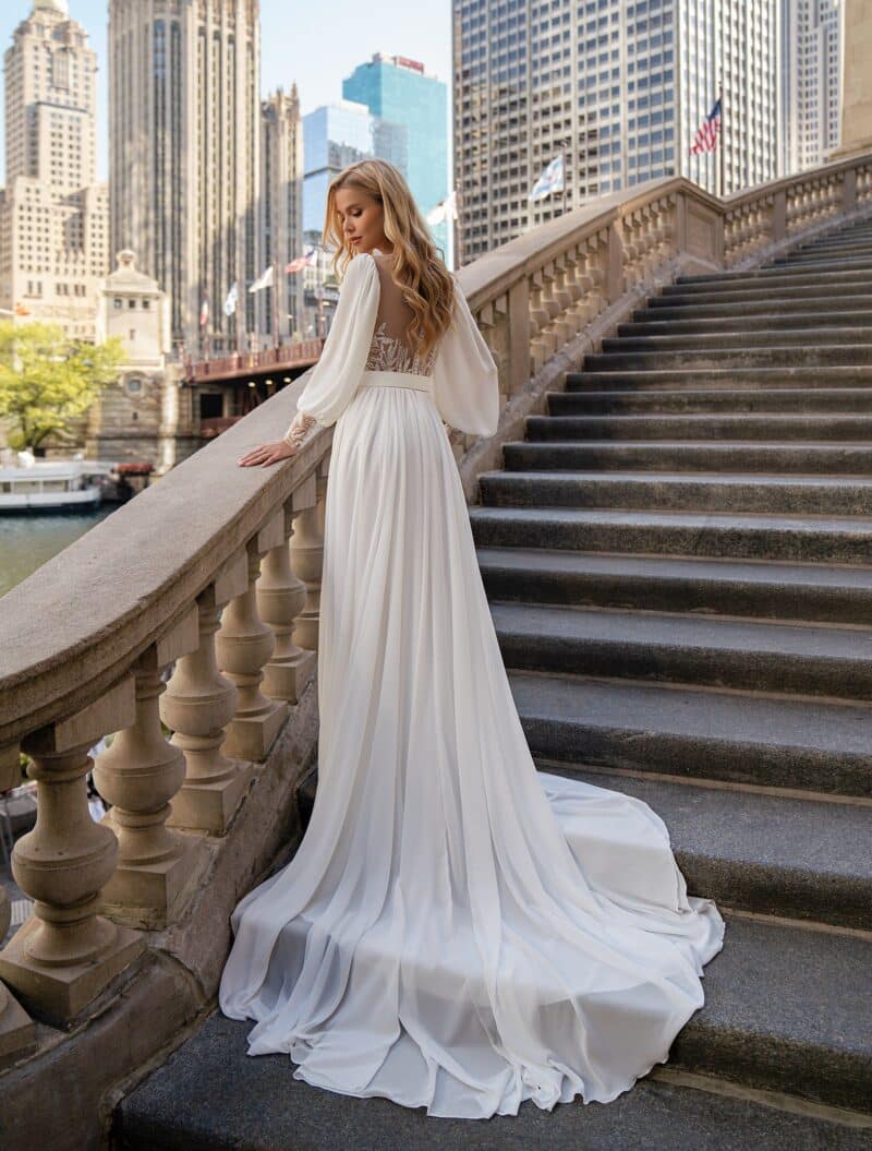 Long Puff Sleeves Chiffon A-line Beach Wedding Dress With Train - EDISON - Image 3