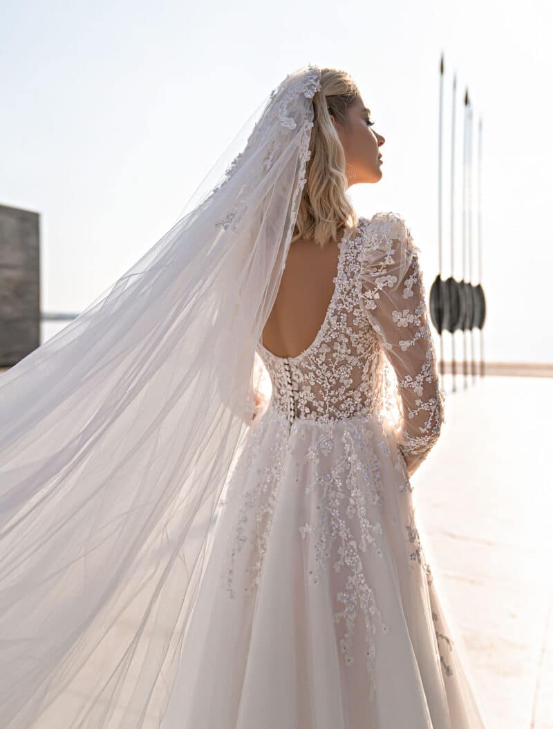 Long Sleeves Deep V Neck Embroidered A-line Wedding Dress - BAYLER - Image 4