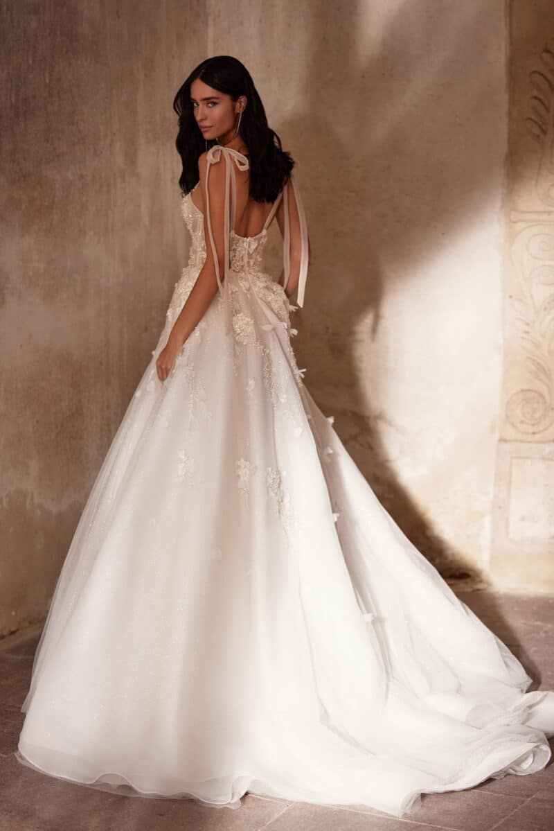 Plunging Neckline Nude A-Line Wedding Dress With Train - VILLY - Image 7