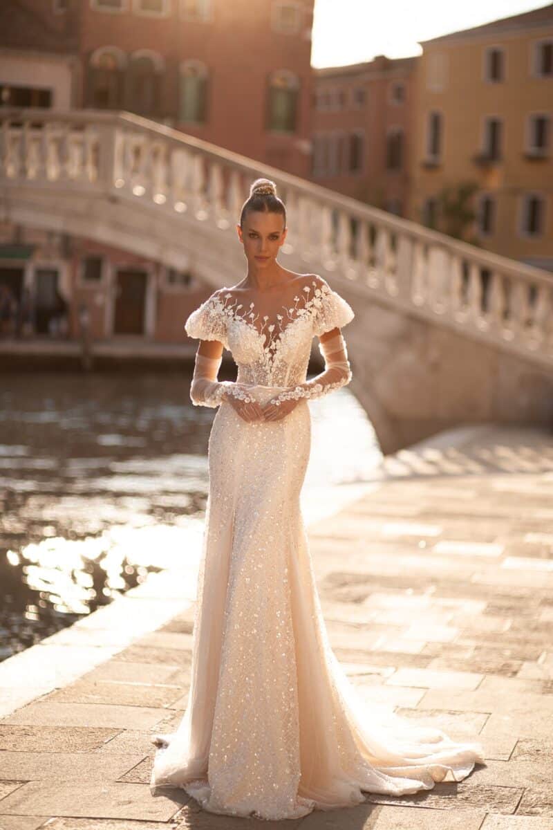 Detachable Long Sleeves Nude Mermaid Wedding Dress - BARBARA