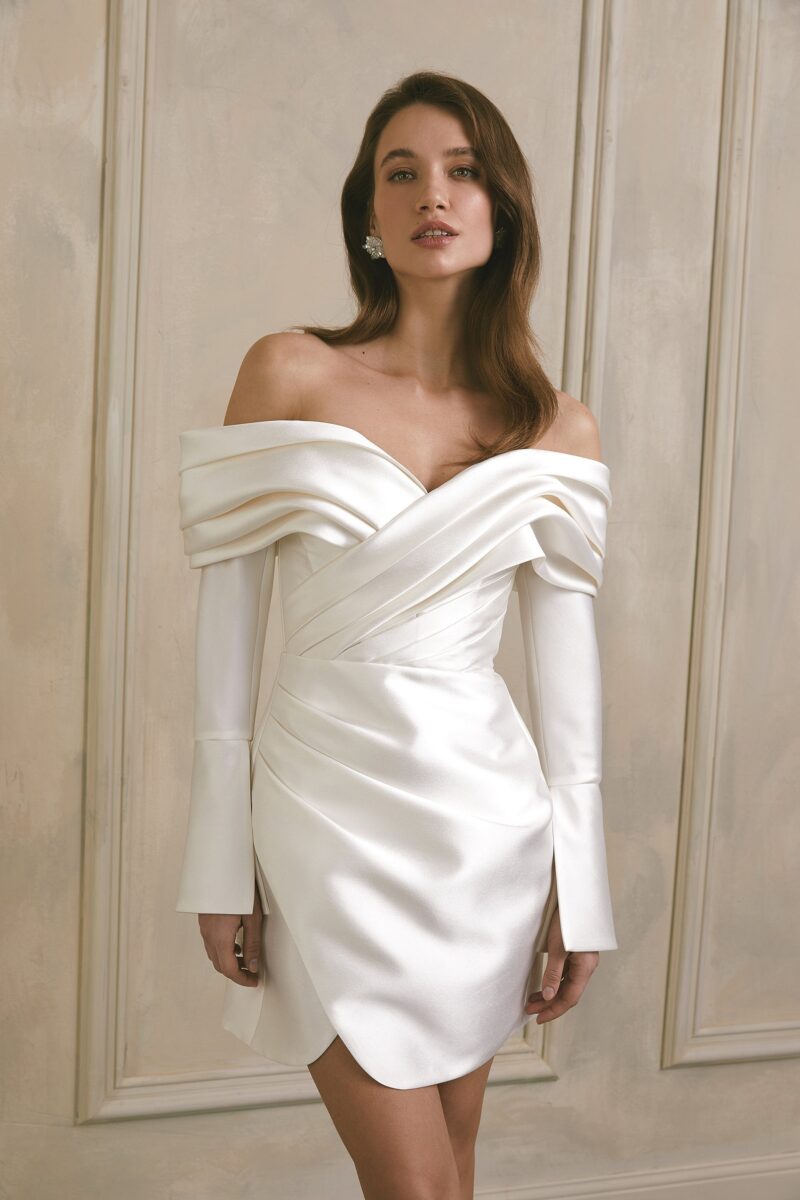 Short Satin Wedding Dress With Detachable Long Sleeves - ALIKA - Image 5