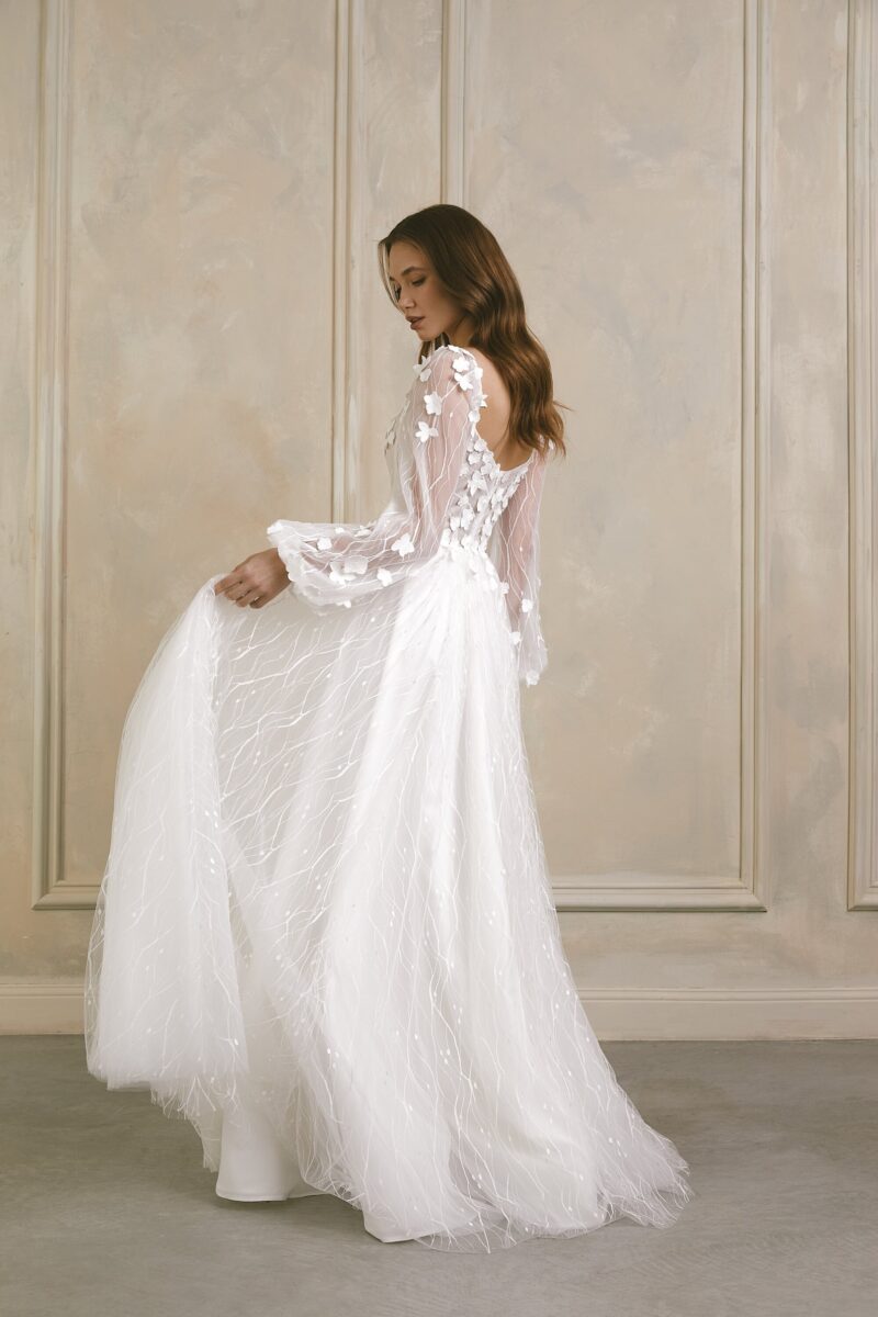 Unique Boho 3D Flower A-Line Wedding Dress with Long Sleeves - ALINA - Image 2