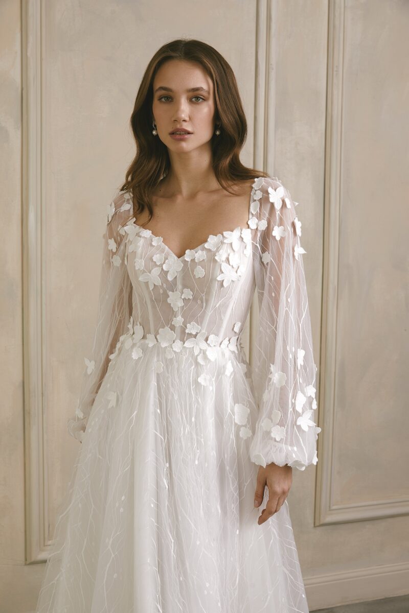 Unique Boho 3D Flower A-Line Wedding Dress with Long Sleeves - ALINA - Image 3