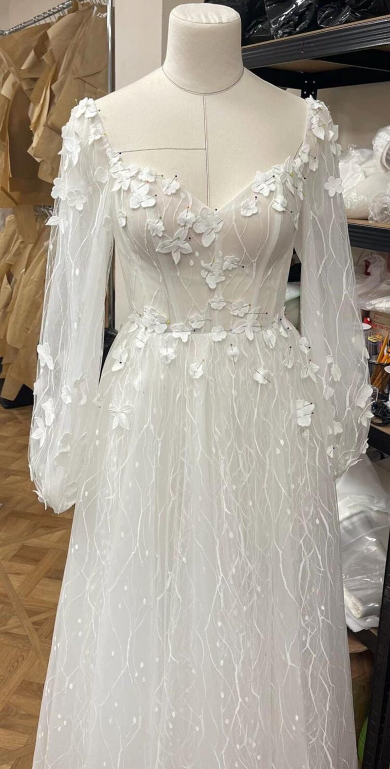 Unique Boho 3D Flower A-Line Wedding Dress with Long Sleeves - ALINA - Image 4