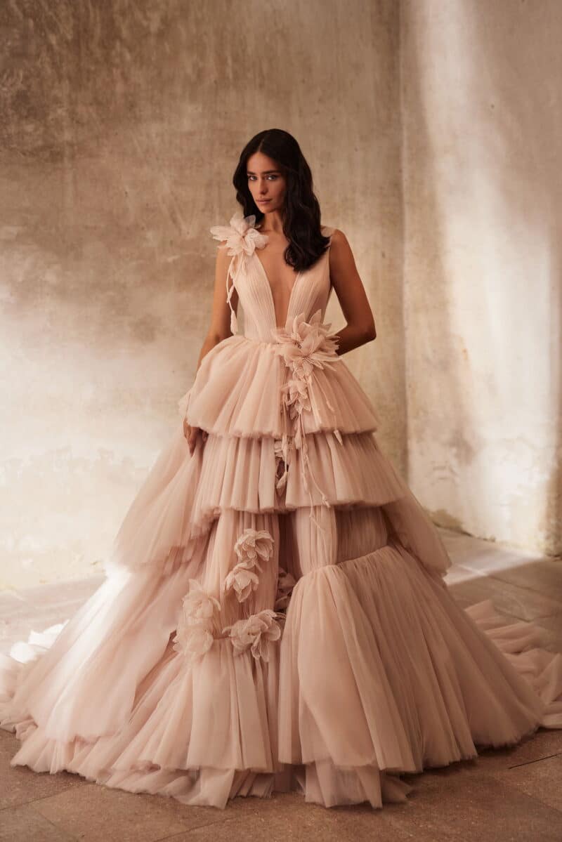 Blush Pink Deep V Neck Princess Wedding Dress With Asymmetrical Ruffles - AMIRA