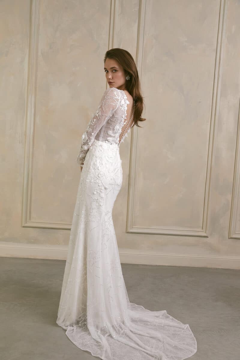 Long Sleeves V Neck 3D Flower Lace Mermaid Wedding Dress - ANGELICA - Image 7