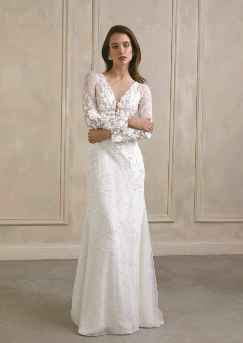 Long Sleeves V Neck 3D Flower Lace Mermaid Wedding Dress - ANGELICA