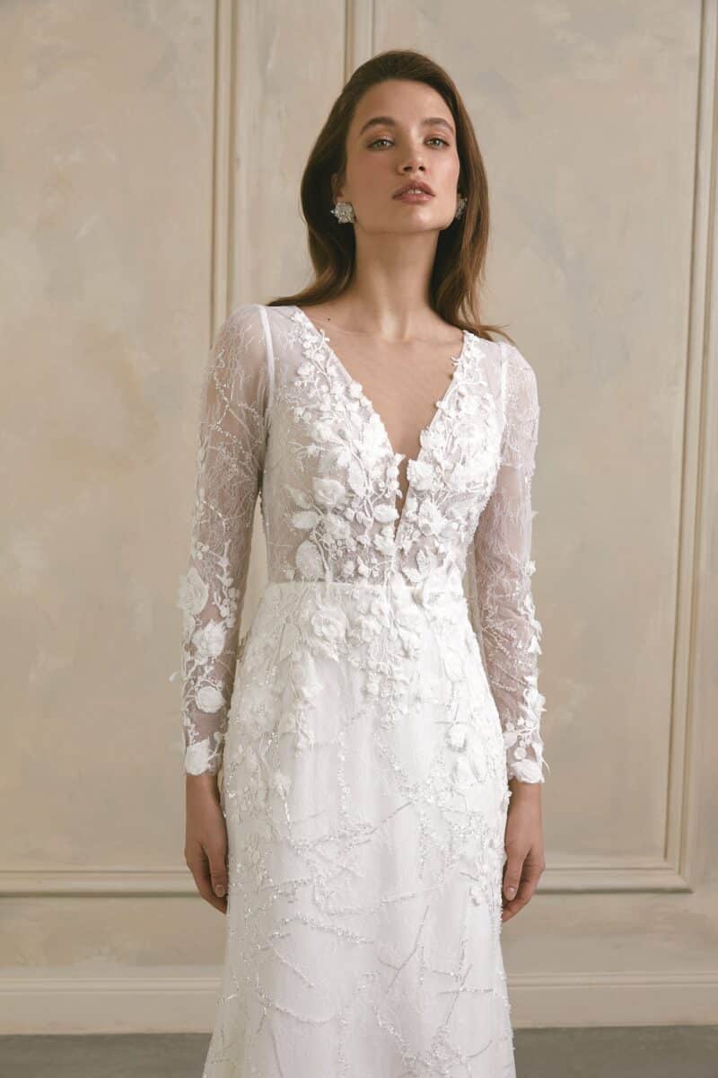 Long Sleeves V Neck 3D Flower Lace Mermaid Wedding Dress - ANGELICA - Image 3