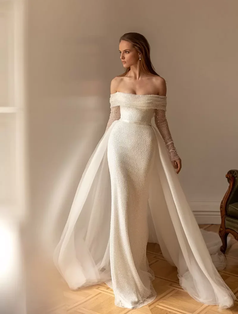 Off-the-shoulder Mermaid Wedding Dress With Detachable Long Train - ARETTA